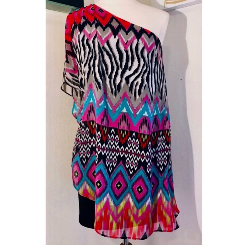 BISOU BISOU Colorful Overlay One-Shoulder Dress